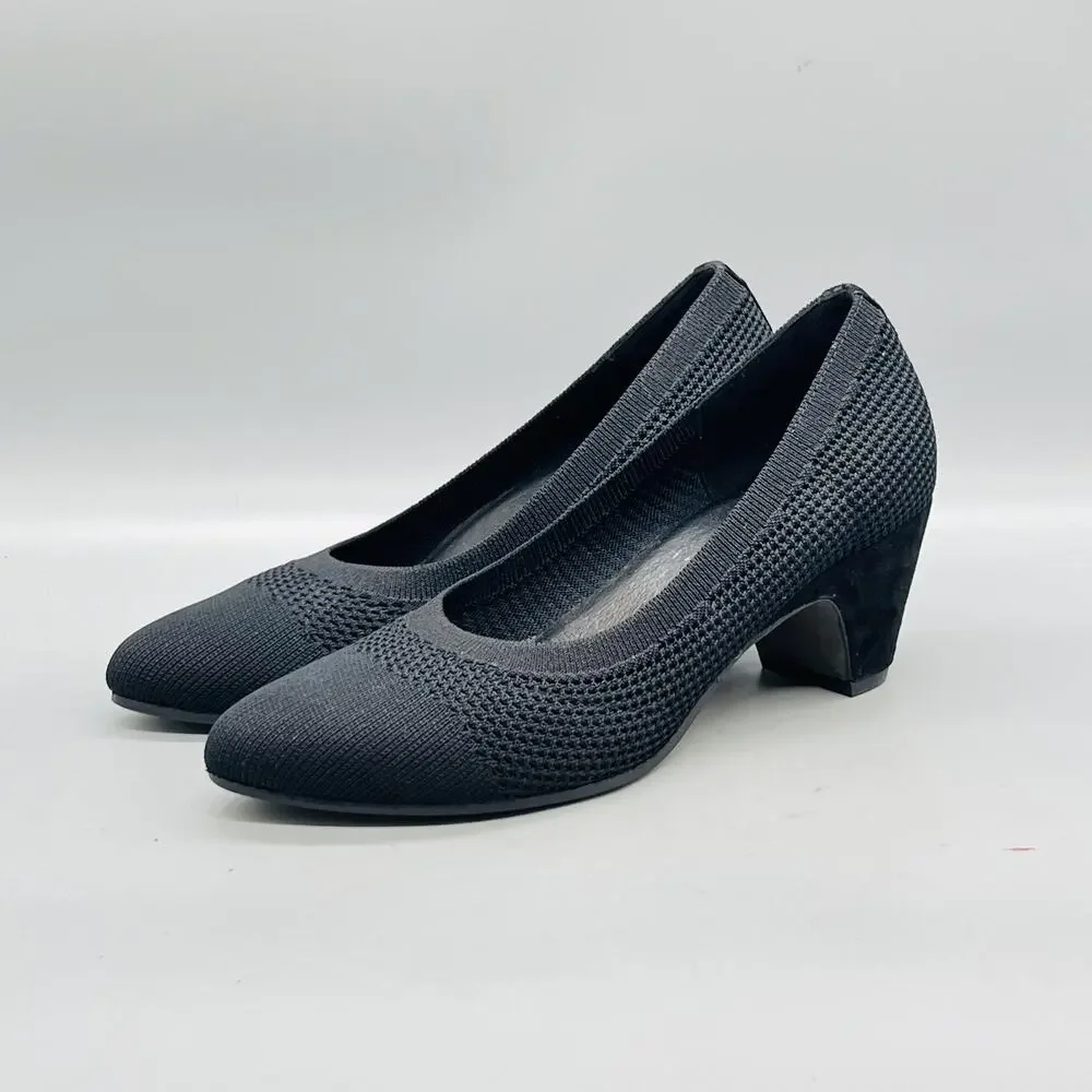 Eileen Fisher Shoes Womens 7.5 Black Stretch Knit Block Heel Pumps Slip On